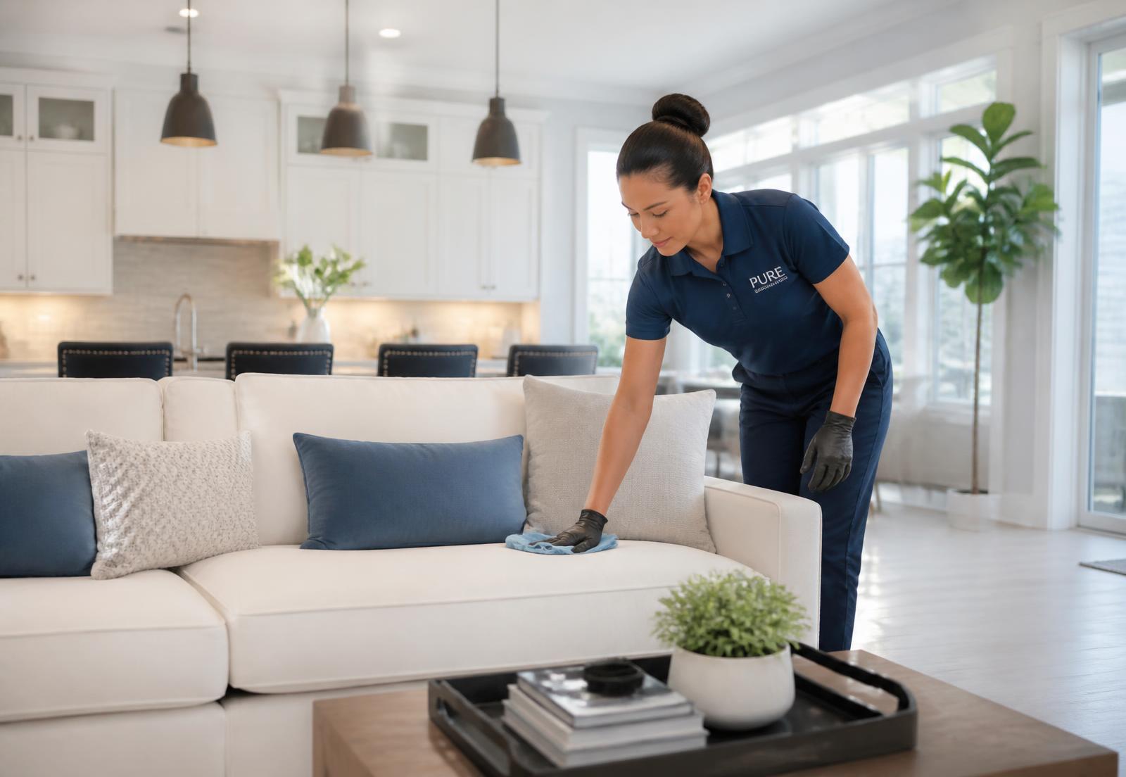 Cleaning professional in a navy uniform tidying a bright modern living room